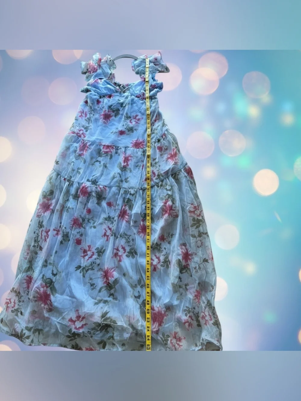 Boho Cottagecore Blue Floral Maxi Dress NWT Ruffle Sleeve Flowy Spring Small 🩵 - Picture 9 of 11